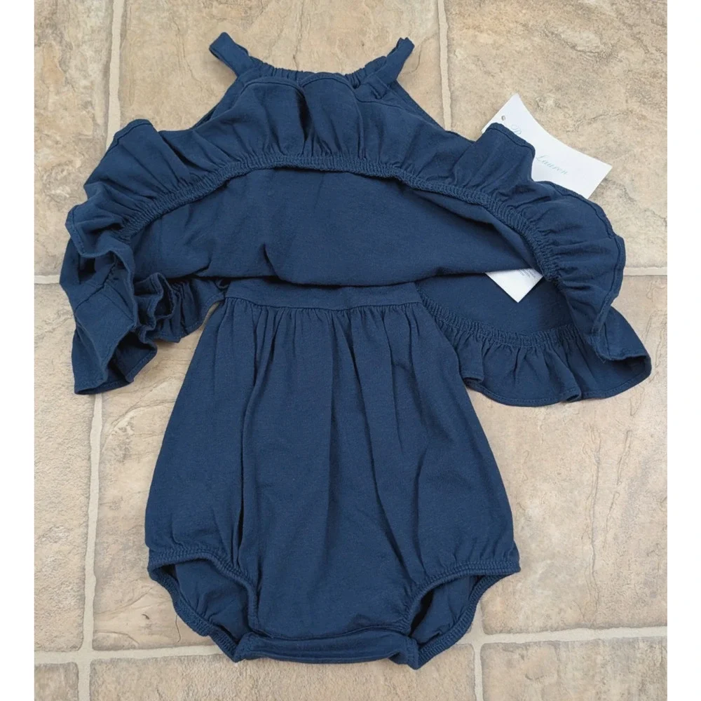 New Ralph Lauren baby girls sz 6M 1pc Summer Romper knit navy blue stretch 0899